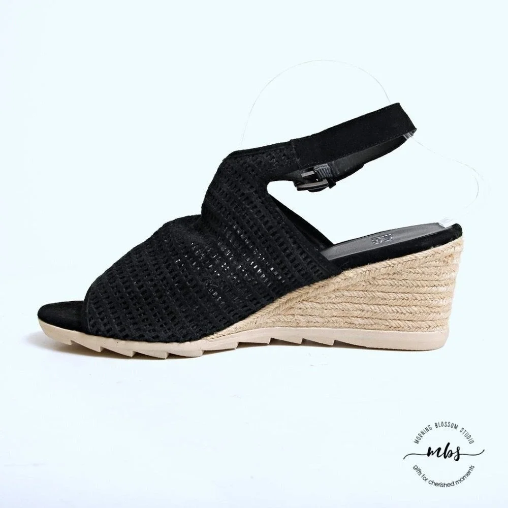 Eileen Fisher Aura Suede Slingback Espadrille Wedges Black‎ Women 9